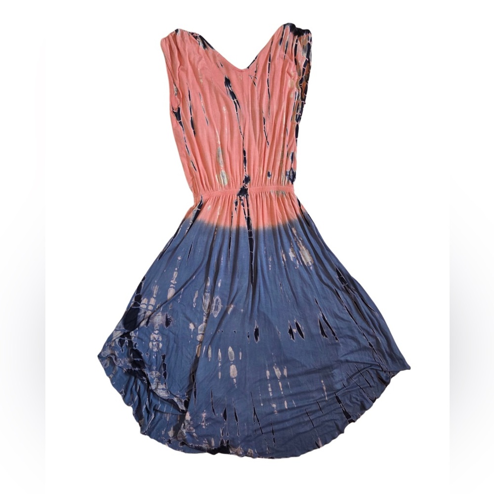 Boston Proper Coral Pink and Gray Blue Tie-Dye V Neck Dress - Picture 2 of 4